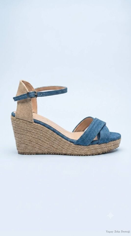 İndigo Rengi Jean Kumaş  Çapraz Model Dolgu Topuk Espadril