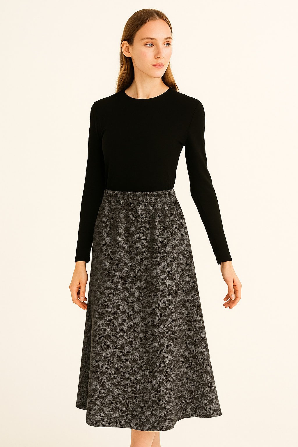 Gri desenli   Uzun Beli Lastikli  Örme Kumaş   Etek