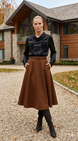 Taba Süet Görünümlü Uzun Beli Lastikli Örme Kumaş Etek