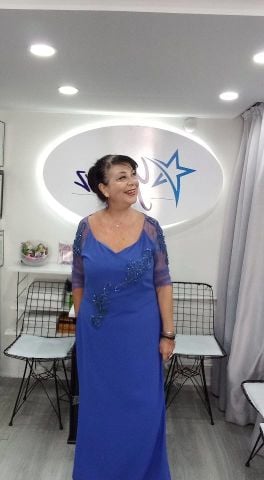 Büyük Beden Saks Rengi Şifon Taş İşlemeli Uzun  Abiye Elbise