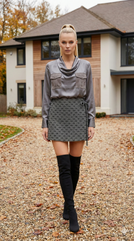 Gri Desenli Anvalop Mini Etek