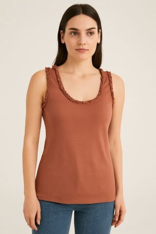 İtalyan   taba Rengi Cotton Kolve Yaka Agızları  Fırfırlu Atlet