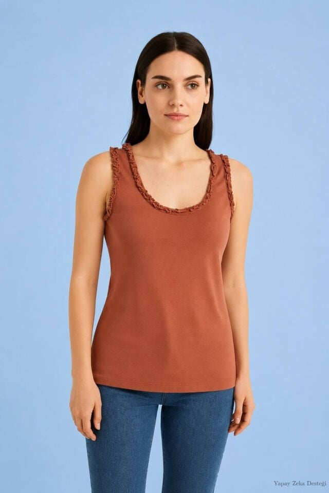 Cotton İtalyan Kolve Yaka Agızları Fırfırlı  Taba Rengi Atlet