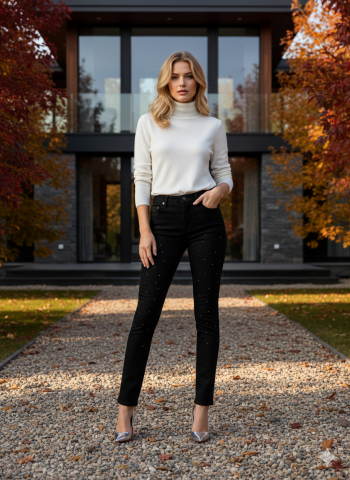 Siyah Taşlı Boru Paça Streç Pantalon