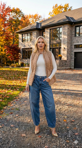 Bej Kapitone Kapüşonlu Fermuarlı Yelek