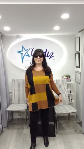 Büyük Beden  Patchwork Siyah Camel Triko Kazak