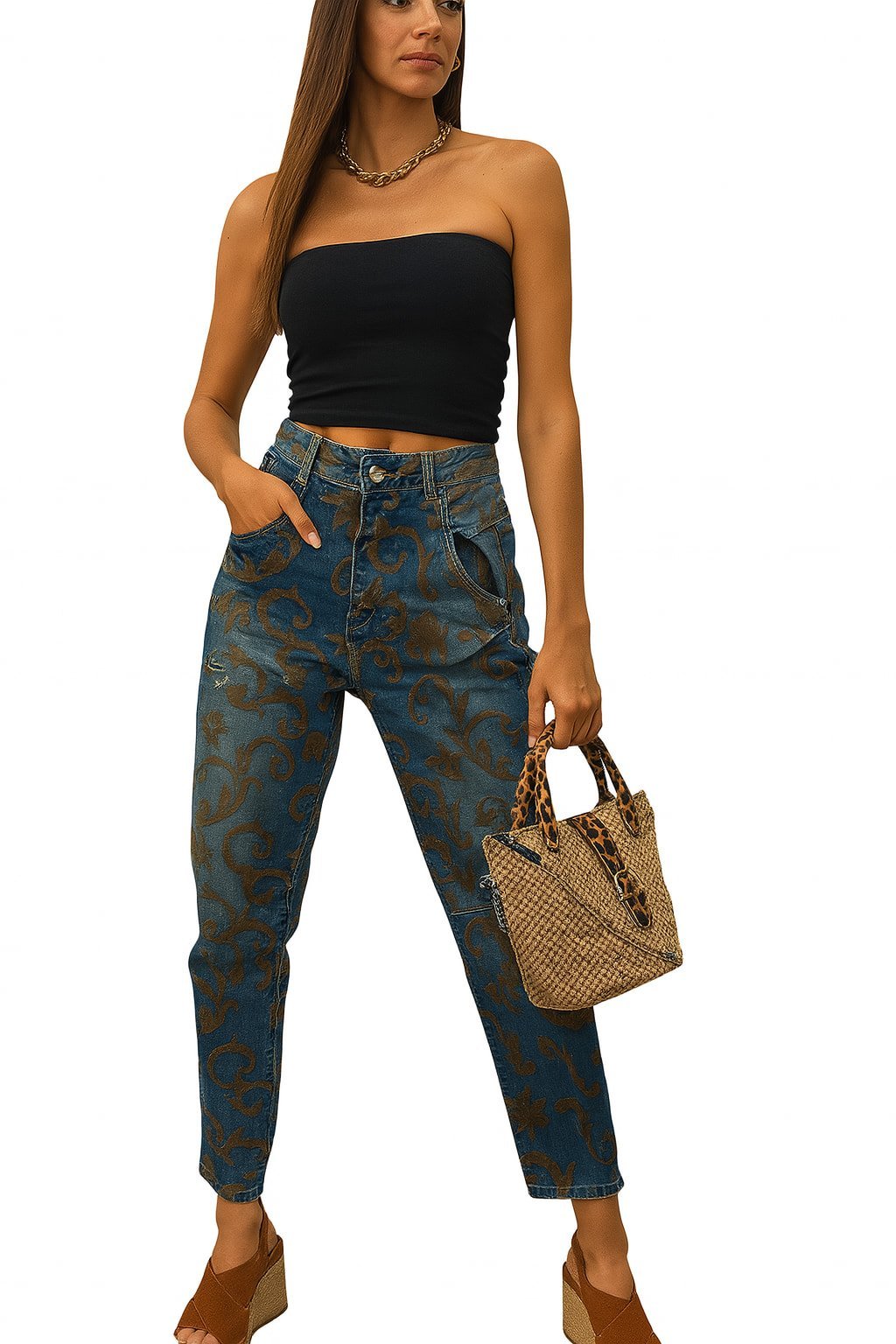 Yeşil Aplikeli  Likralı  Jean Pantalon