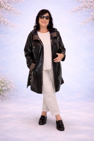 Hakiki Deri Kapüşonlu Çift Taraflı Kaban