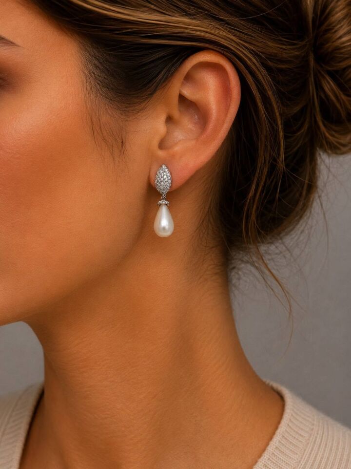 Gümüş Rengi Çelik  Taşlı Damla Modeli Küpe