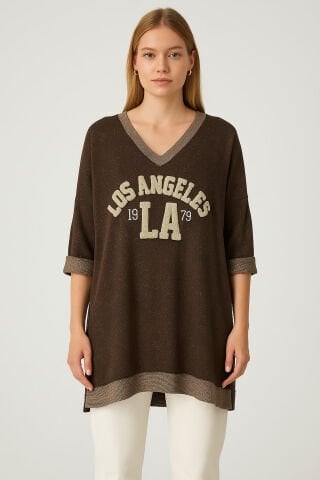 İtalyan  V Yaka Kahve  Üzerinde Tazılar Olan Salaş Sweet