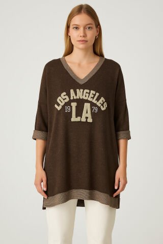 İtalyan  V Yaka Kahve  Üzerinde Tazılar Olan Salaş Sweet