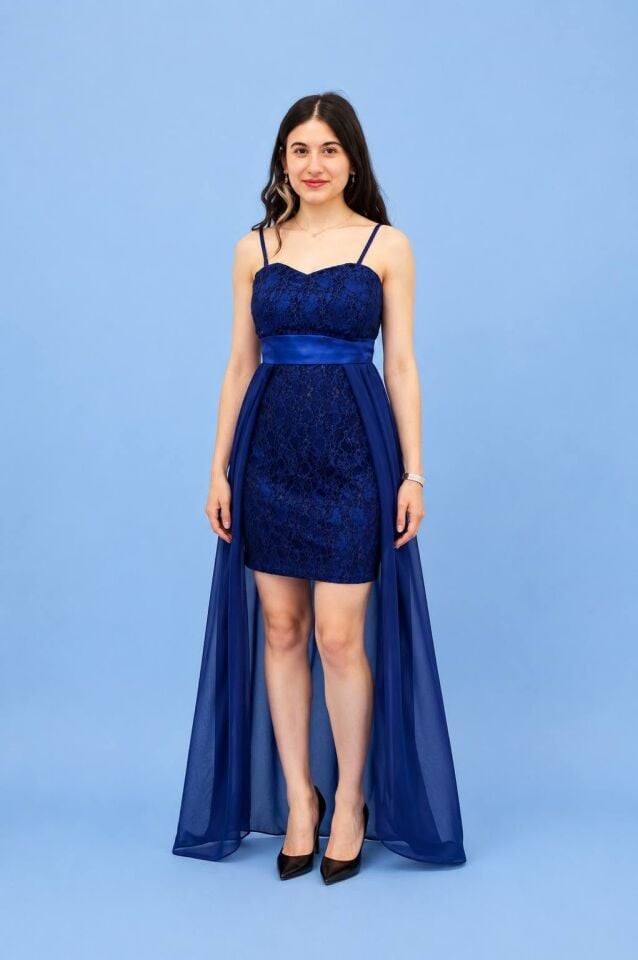 Saks Rengi Şifon Gece Elbisesi 13342