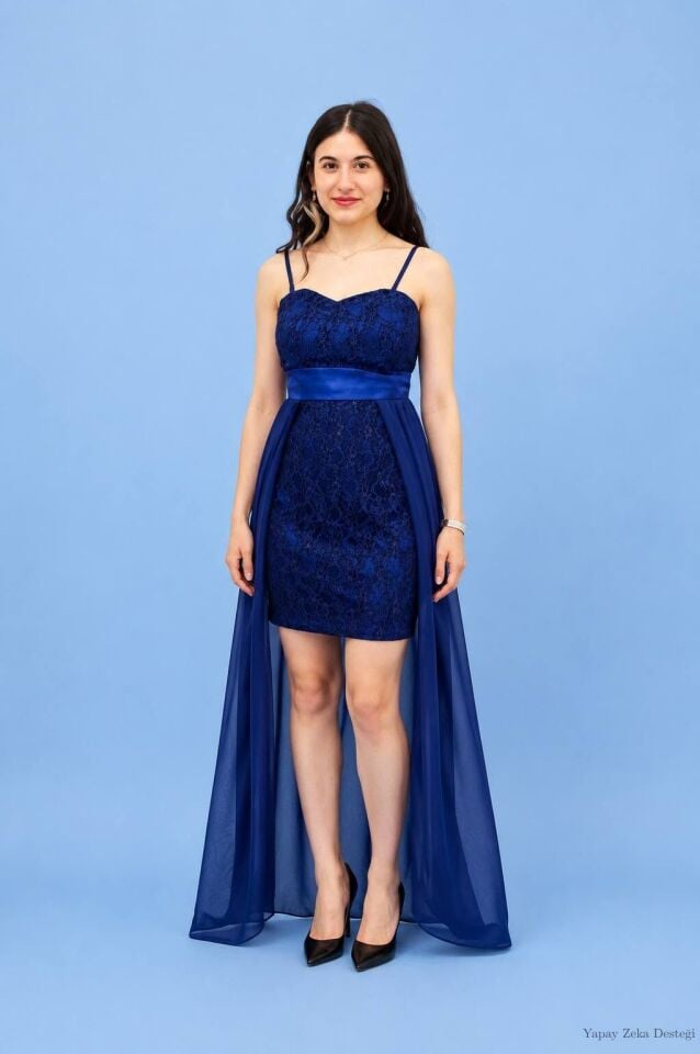Saks Rengi Şifon Gece Elbisesi 13342