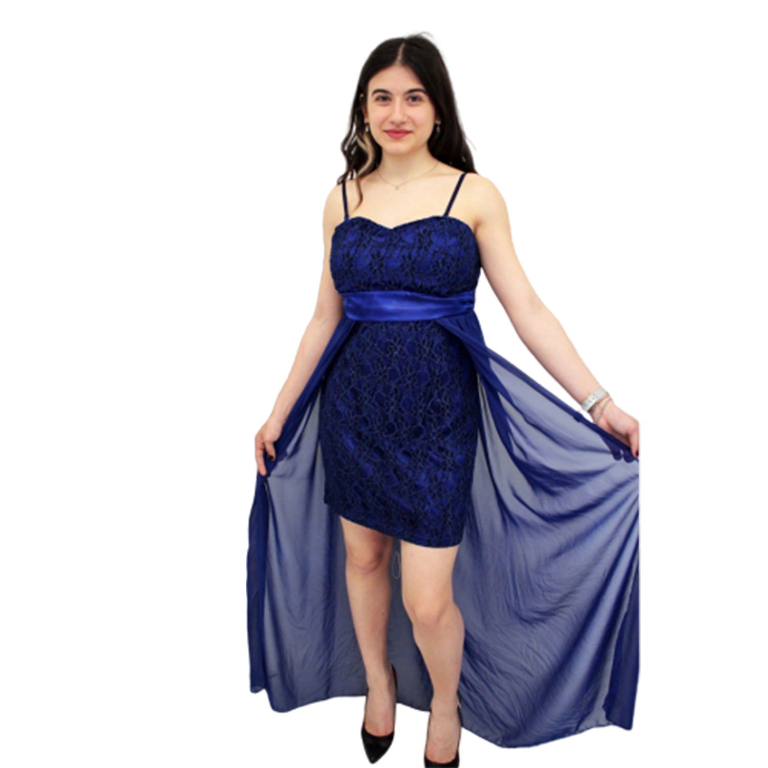 Saks Rengi Şifon Gece Elbisesi 13342