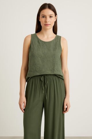 İtalyan Beli Lastikli Viskon Haki Rengi Pantalon