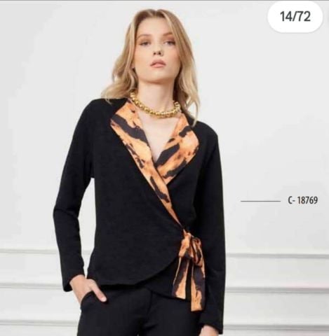 Siyah Yakası Camel Zebra Kruvaze Örme Kumaş Bluz