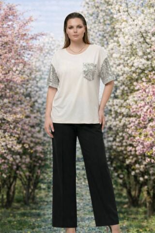 Kemik  Cep Te  Ve Kolda Pul Esprili  Kısa Kollu  Bluz