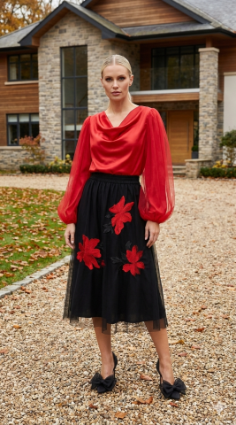 Tül Kımızı Buyuk Çiçekli Etek