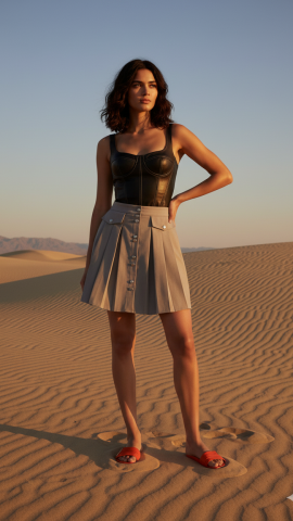 Gri Dizboyu Çitcitli Pileli Kısa Etek