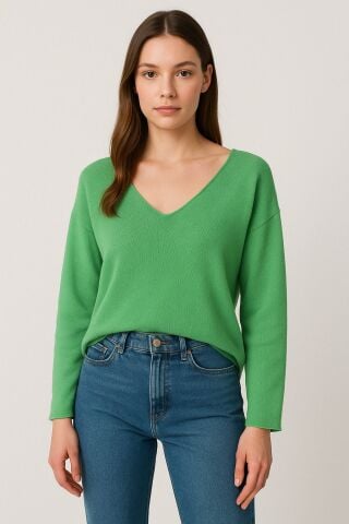 Yeşil İtalyan V Yaka Salaş  Cotton Triko