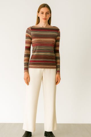 İtalyan Bordo Çizgili İnce Kaşmir Bluz