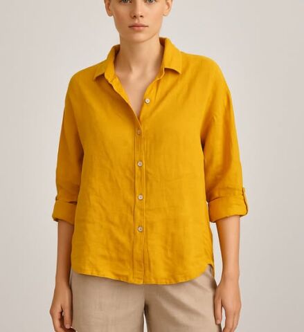 İtalyan Hardal Rengi Keten Gömlek