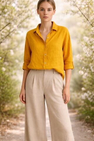 İtalyan Hardal Rengi Keten Gömlek