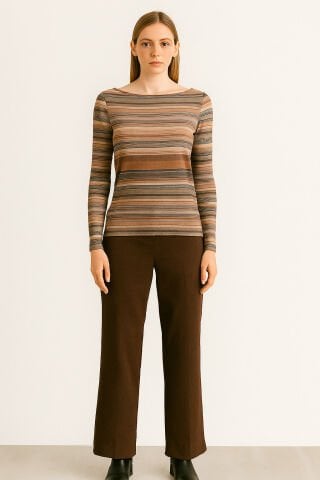 İtalyan Kahve  Çizgili İnce Kaşmir Bluz