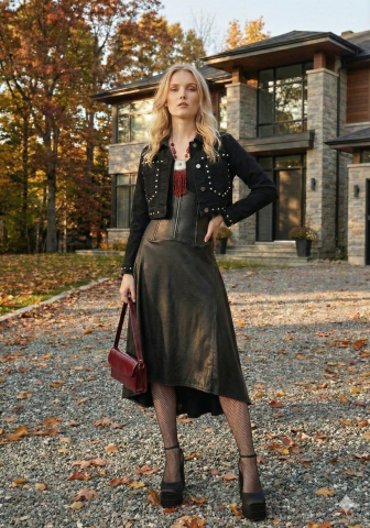 Siyah V Yaka  Eteği Deri Görünümlü Uzun Elbise