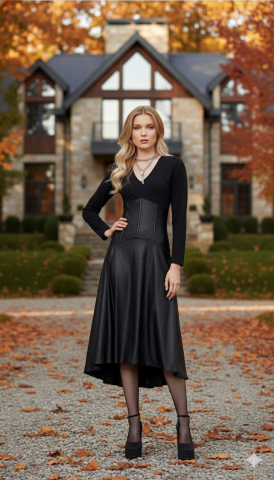 Siyah V Yaka  Eteği Deri Görünümlü Uzun Elbise