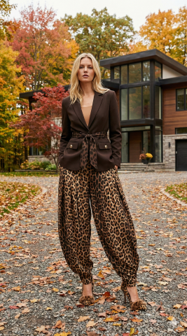 Gabardin Dore Düğmeli Leopar Kemerli Kahverengi Ceket