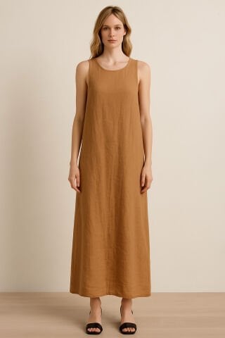 İtalyan Camel Rengi Keten Elbise