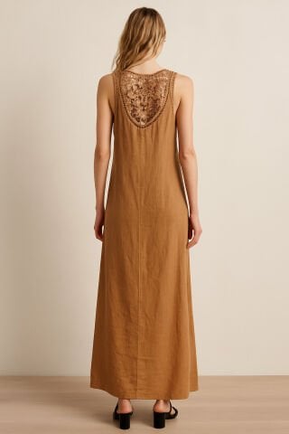 İtalyan Camel Rengi Keten Elbise
