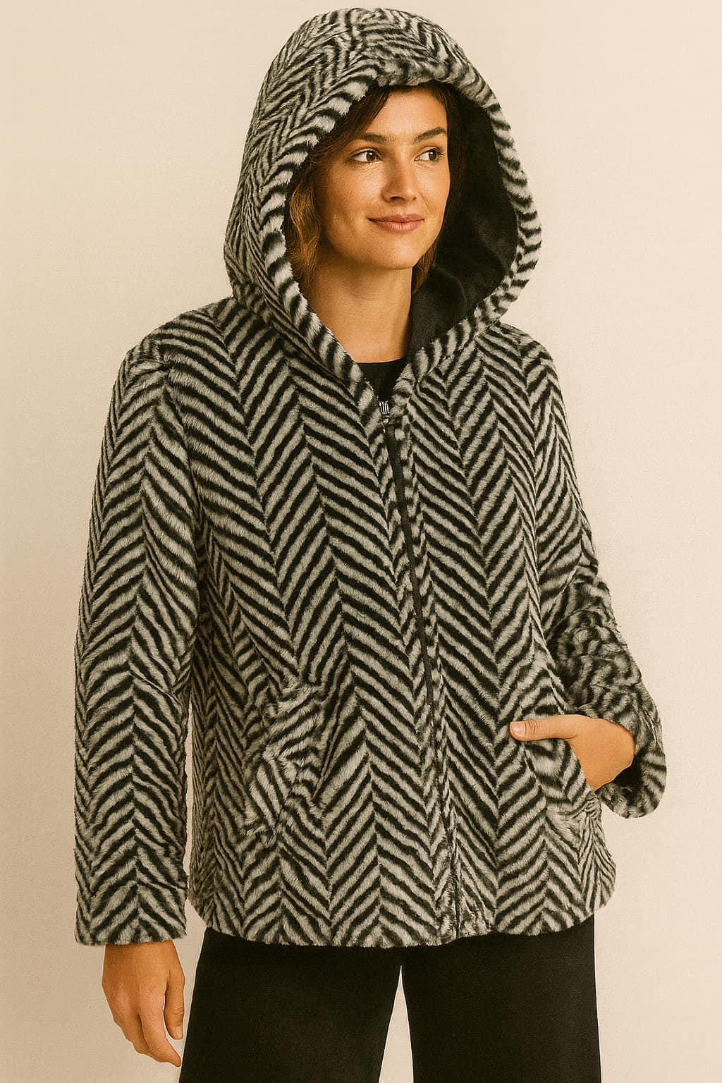Siyah Beyaz Diagonal Çizgili Kapşonlu Peluş Kaban