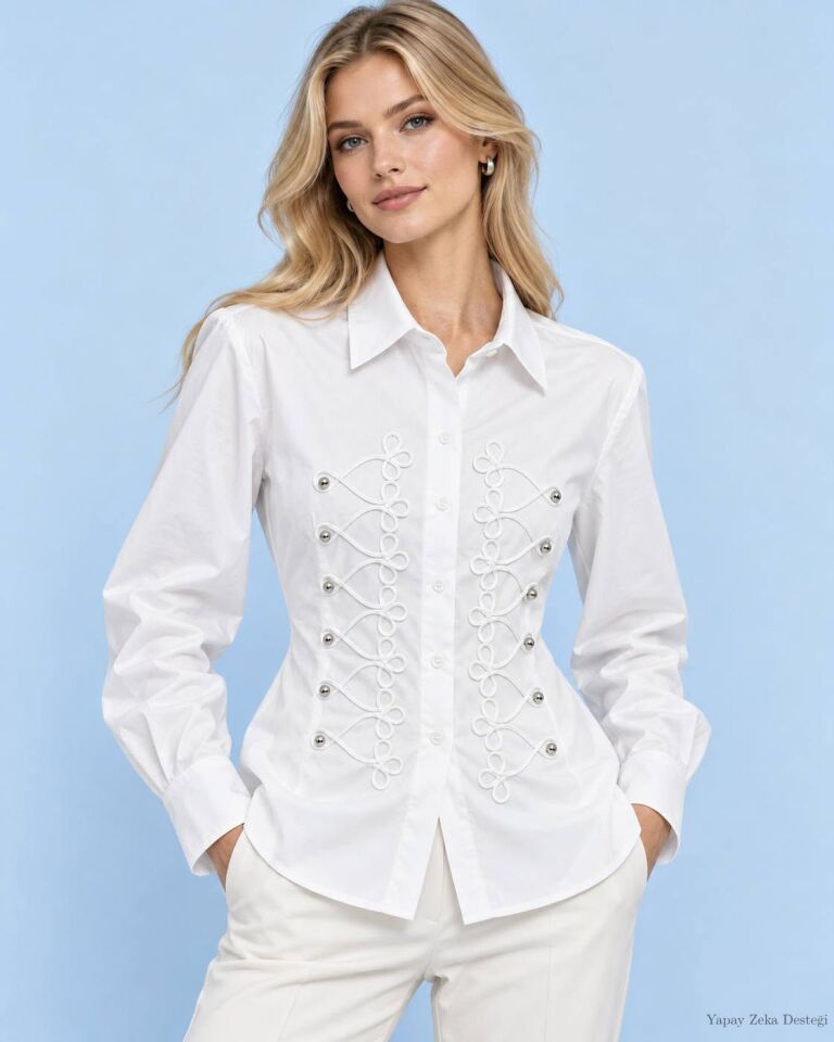 Poplin  Beyaz Sarı Dügmeli Maraşal Modeli  Gömlek