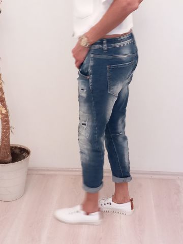 Lacivert   İtalyan Taşlanmış  Yırtık Yamalı  Jean Pantalon