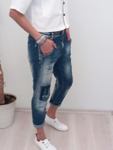 Lacivert   İtalyan Taşlanmış  Yırtık Yamalı  Jean Pantalon