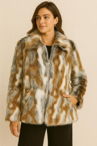 Hardal Kemik Gri Tüylü Fermuarlı Peluş  Kaban