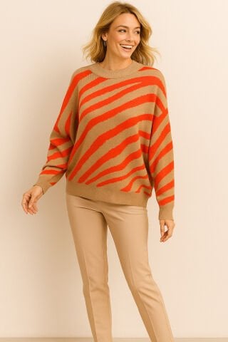 Bej oranj diagonal çizgili yuvarlak yaka triko kazak