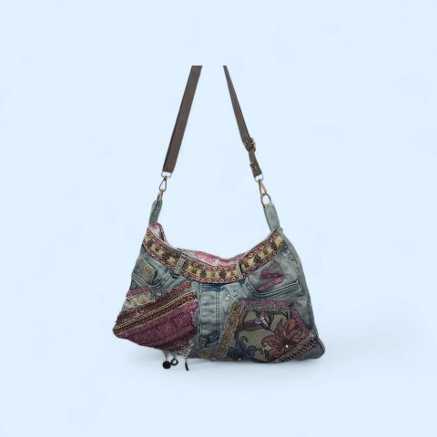 Tasarım Jean Kumaş İşlemeli  Hacimli Çanta