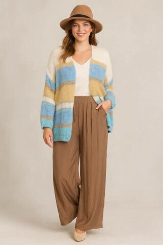 İtalyan  Kemik Mavi Bej Çizgili Dügmesiz Moher Hırka