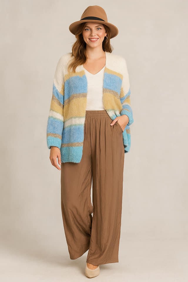 İtalyan  Kemik Mavi Bej Çizgili Dügmesiz Moher Hırka