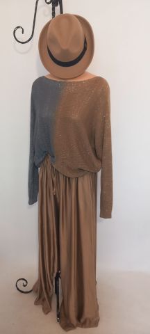 Camel Ve Gri geçişli İtalyan Simli Arka Fermuarlı Cotton Triko