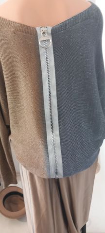 Camel Ve Gri geçişli İtalyan Simli Arka Fermuarlı Cotton Triko
