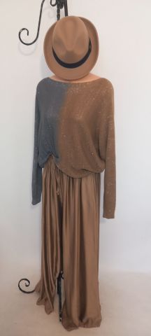 Camel Ve Gri geçişli İtalyan Simli Arka Fermuarlı Cotton Triko