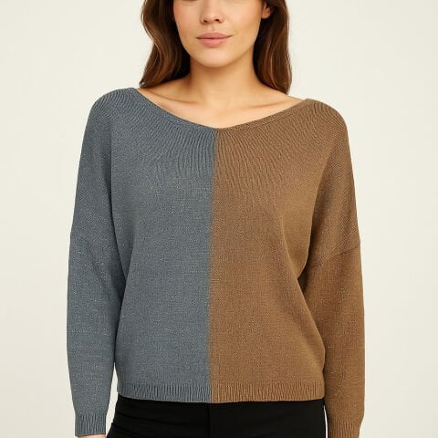 Camel Ve Gri geçişli İtalyan Simli Arka Fermuarlı Cotton Triko