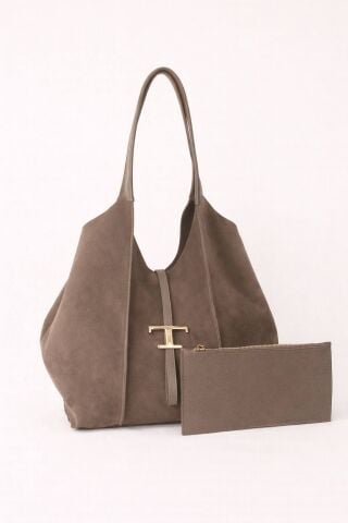 Hakiki Suet Vizon Rengi Önü Tokalı  Körüklü Çanta