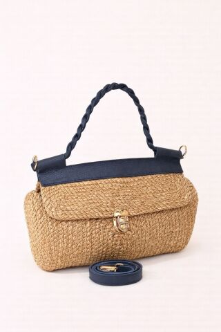 Hakiki Deri Garnili  Hasır Önden Kilitli  Tasarım Çanta